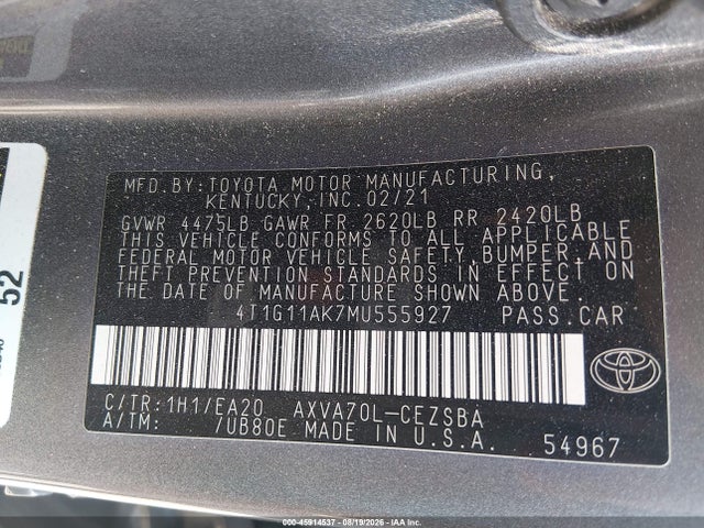 2021 Toyota Camry Se მანქანა იყიდება აუქციონზე, vin: 4T1G11AK7MU555927, აუქციონის ნომერი: 45914537