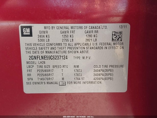 2012 Chevrolet Equinox Lt W/2lt მანქანა იყიდება აუქციონზე, vin: 2GNFLNE59C6237124, აუქციონის ნომერი: 45914540