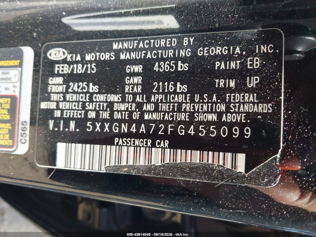 2015 Kia Optima Ex მანქანა იყიდება აუქციონზე, vin: 5XXGN4A72FG455099, აუქციონის ნომერი: 45914549