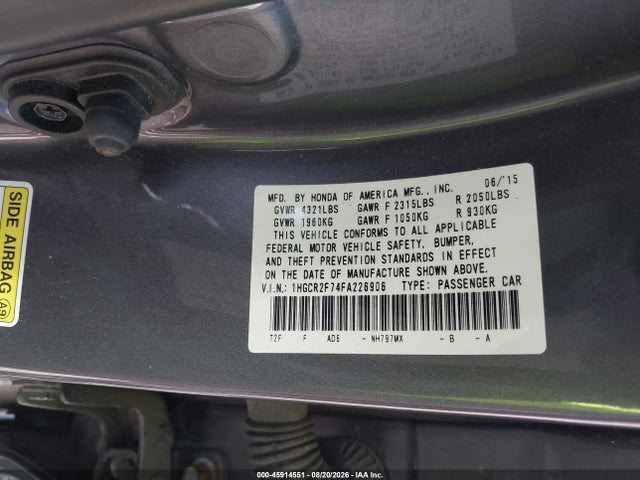 Aukcja sprzedaży 2015 Honda Accord Ex, vin: 1HGCR2F74FA226906, numer aukcji: 45914551