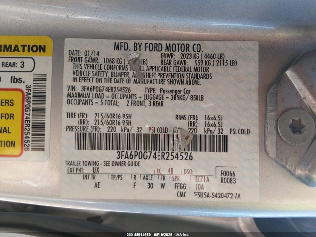 3FA6P0G74ER254526 Ford FUSION S