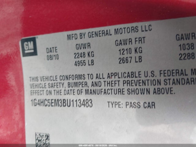 2011 Buick Lucerne Cxl მანქანა იყიდება აუქციონზე, vin: 1G4HC5EM3BU113483, აუქციონის ნომერი: 45914578