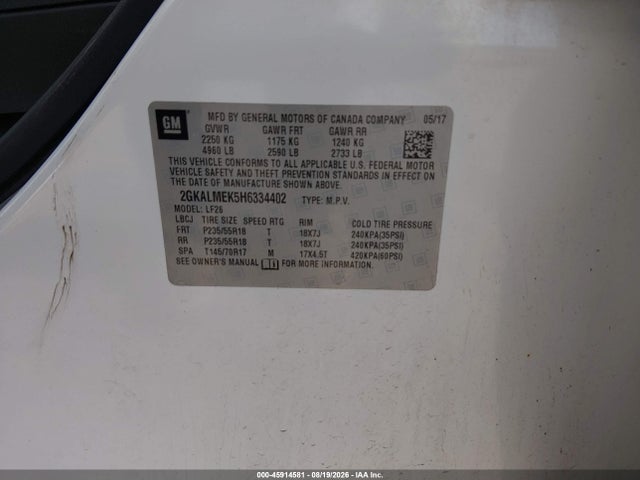 Aukcja sprzedaży 2017 Gmc Terrain Sle-1, vin: 2GKALMEK5H6334402, numer aukcji: 45914581