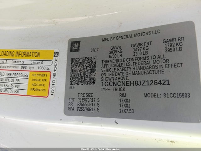 Продаж на аукціоні авто 2018 Chevrolet Silverado 1500 Ls, vin: 1GCNCNEH8JZ126421, номер лоту: 45914592