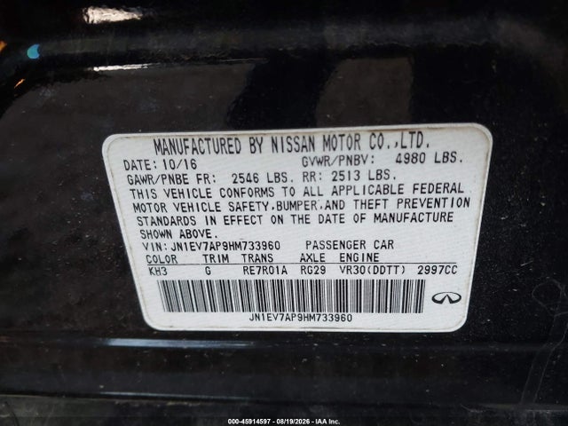 45914597 :رقم المزاد ، JN1EV7AP9HM733960 vin ، 2017 Infiniti Q50 3.0t Premium مزاد بيع