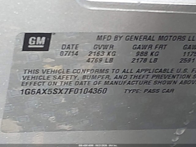 Продаж на аукціоні авто 2015 Cadillac Cts Luxury, vin: 1G6AX5SX7F0104360, номер лоту: 45914599