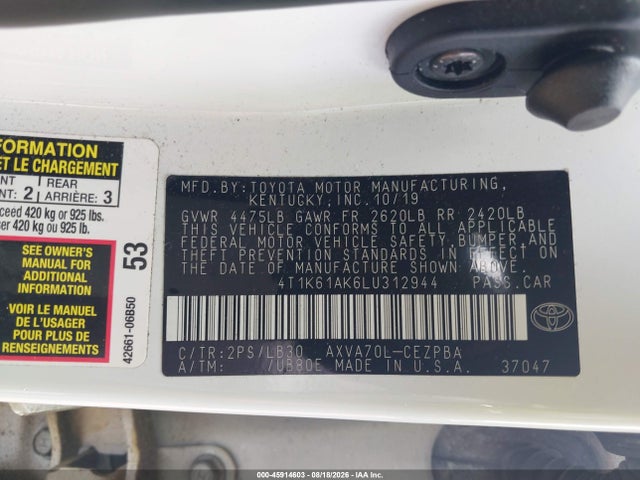Aukcja sprzedaży 2020 Toyota Camry Xse, vin: 4T1K61AK6LU312944, numer aukcji: 45914603