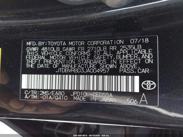 45914615 :رقم المزاد ، JTDBVRBD3JA004957 vin ، 2018 Toyota Mirai مزاد بيع