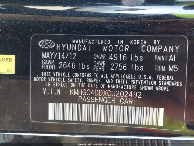 Продаж на аукціоні авто 2012 Hyundai Genesis 3.8, vin: KMHGC4DDXCU202492, номер лоту: 45914617