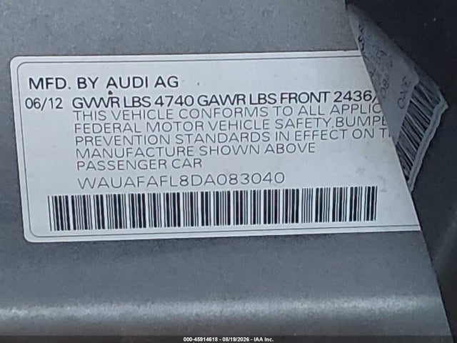 45914618 :رقم المزاد ، WAUAFAFL8DA083040 vin ، 2013 Audi A4 2.0t Premium مزاد بيع
