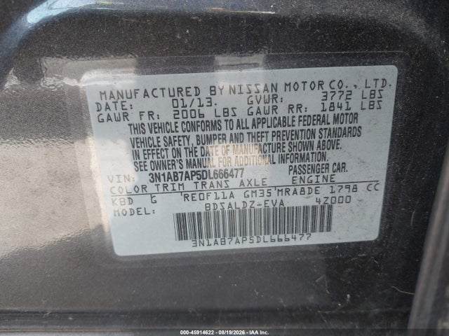 Продажа на аукционе авто 2013 Nissan Sentra Sv, vin: 3N1AB7AP5DL666477, номер лота: 45914622