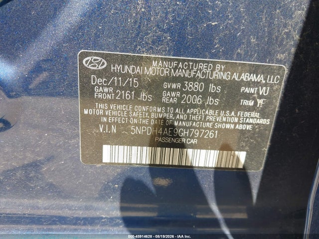 Продажа на аукционе авто 2016 Hyundai Elantra Se, vin: 5NPDH4AE9GH797261, номер лота: 45914628
