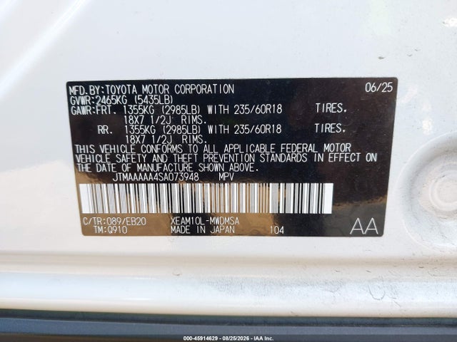 2025 Toyota Bz4x Xle მანქანა იყიდება აუქციონზე, vin: JTMAAAAA4SA073948, აუქციონის ნომერი: 45914629