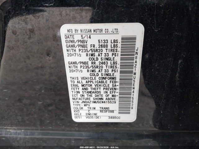 Aukcja sprzedaży 2014 Nissan Murano Le, vin: JN8AZ1MU5EW415529, numer aukcji: 45914631