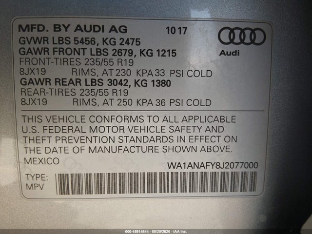 WA1ANAFY8J2077000 Audi Q5 2.0t Premium/2.0t Tech Premium