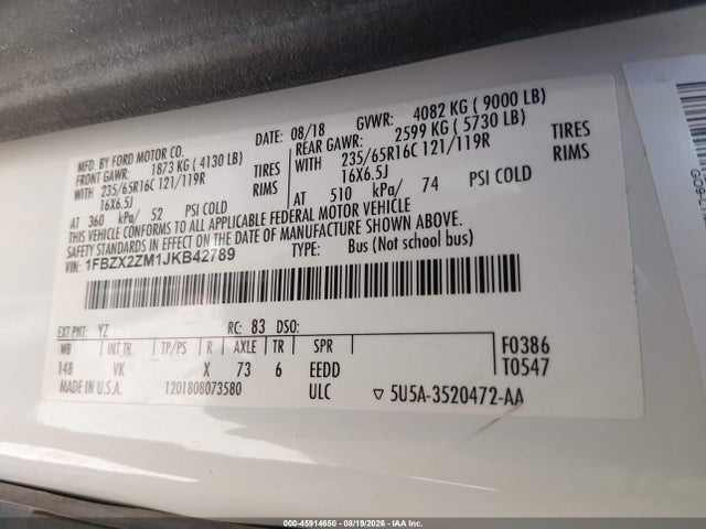 Продаж на аукціоні авто 2018 Ford Transit T-350, vin: 1FBZX2ZM1JKB42789, номер лоту: 45914650