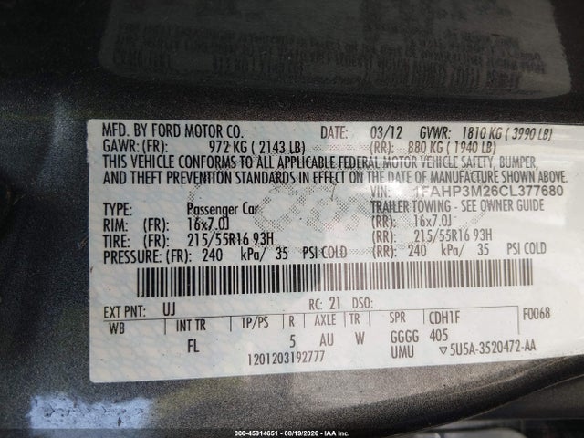 Продаж на аукціоні авто 2012 Ford Focus Sel, vin: 1FAHP3M26CL377680, номер лоту: 45914651