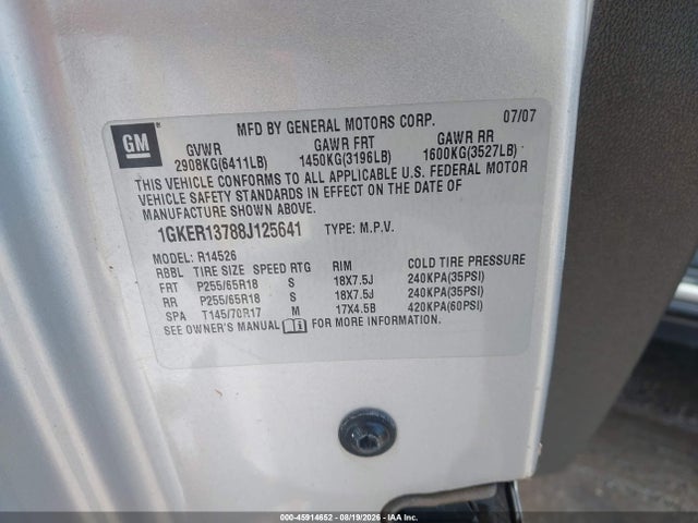 Aukcja sprzedaży 2008 Gmc Acadia Sle-1, vin: 1GKER13788J125641, numer aukcji: 45914652