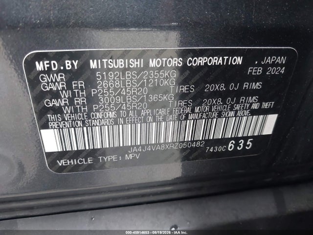Aukcja sprzedaży 2024 Mitsubishi Outlander Se/black Edition/ralliart, vin: JA4J4VA8XRZ050482, numer aukcji: 45914653