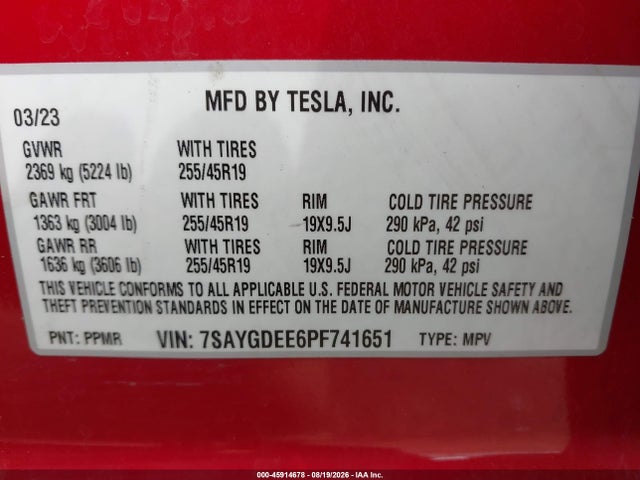 7SAYGDEE6PF741651 Tesla Model Y Awd/long Range Dual Motor All-wheel Drive