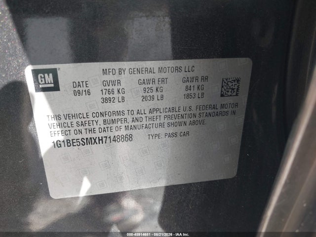 2017 Chevrolet Cruze Lt Auto მანქანა იყიდება აუქციონზე, vin: 1G1BE5SMXH7148868, აუქციონის ნომერი: 45914681