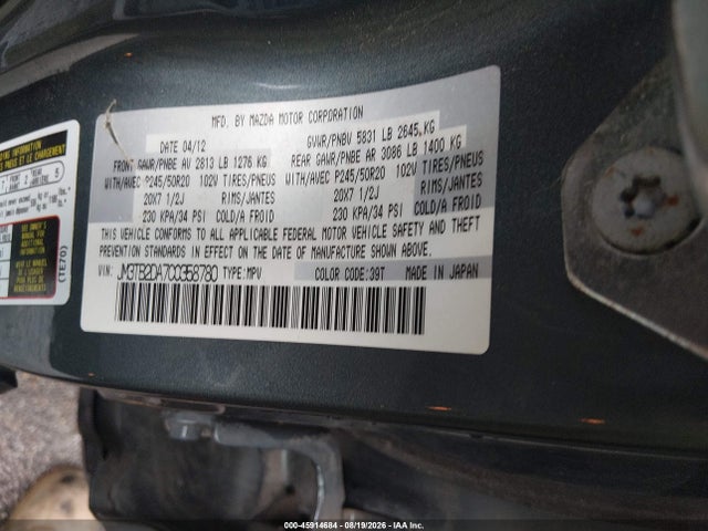 2012 Mazda Cx-9 Grand Touring მანქანა იყიდება აუქციონზე, vin: JM3TB2DA7C0358780, აუქციონის ნომერი: 45914684