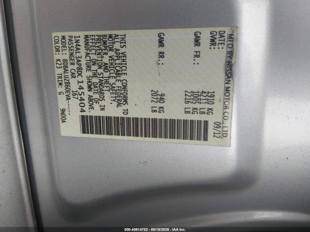 Продажа на аукционе авто 2013 Nissan Altima 2.5 Sv, vin: 1N4AL3AP8DC145404, номер лота: 45914702