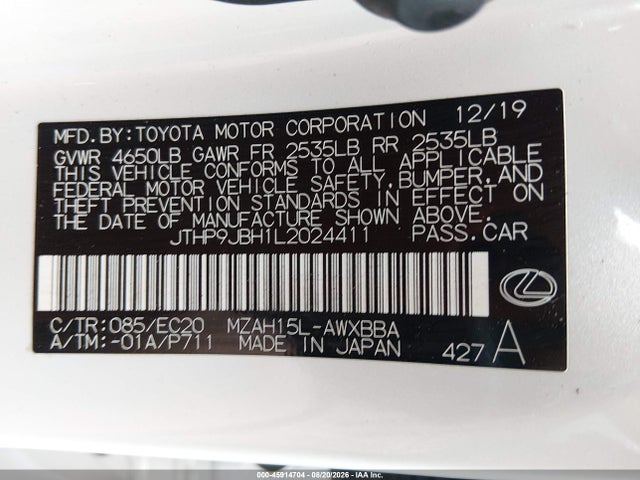 Продаж на аукціоні авто 2020 Lexus Ux 250h, vin: JTHP9JBH1L2024411, номер лоту: 45914704