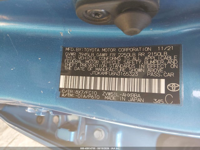 Auction sale of the 2022 Toyota Prius L, vin: JTDKAMFU6N3165323, lot number: 45914705