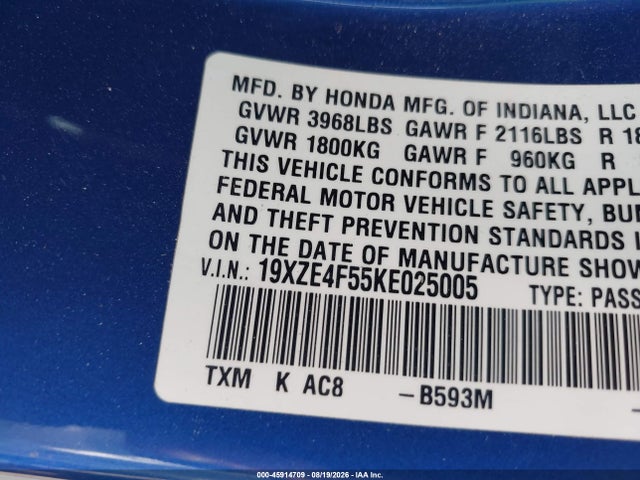 Продажа на аукционе авто 2019 Honda Insight Ex, vin: 19XZE4F55KE025005, номер лота: 45914709