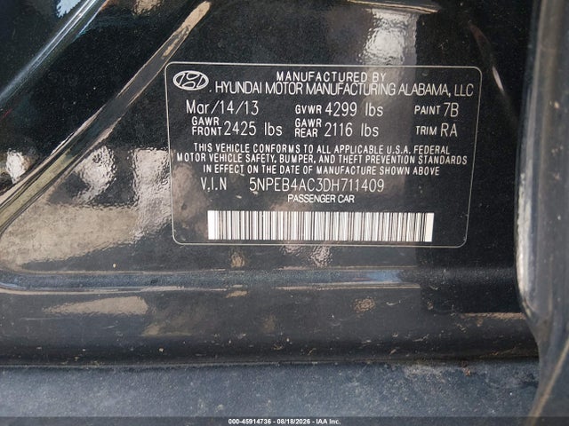 Продаж на аукціоні авто 2013 Hyundai Sonata Gls, vin: 5NPEB4AC3DH711409, номер лоту: 45914736