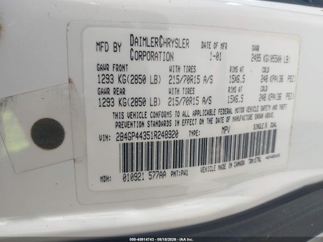Aukcja sprzedaży 2001 Dodge Grand Caravan Sport, vin: 2B4GP44351R248920, numer aukcji: 45914743