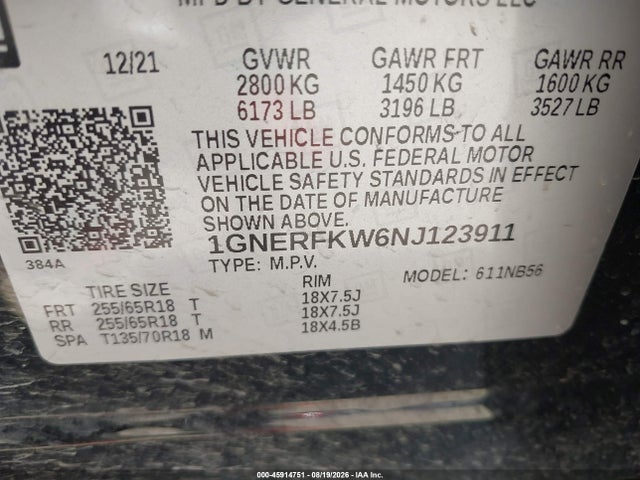 45914751 :رقم المزاد ، 1GNERFKW6NJ123911 vin ، 2022 Chevrolet Traverse Fwd Ls مزاد بيع