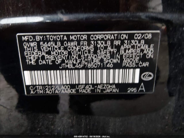 Aukcja sprzedaży 2008 Lexus Ls 460, vin: JTHBL46F785071146, numer aukcji: 45914752
