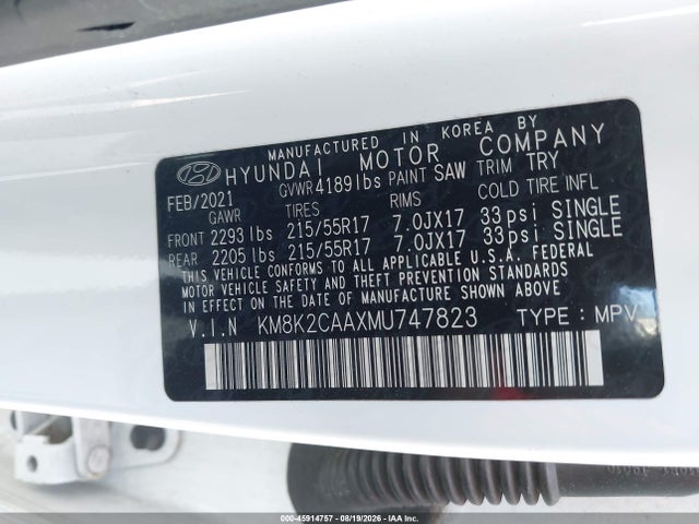 Продажа на аукционе авто 2021 Hyundai Kona Sel, vin: KM8K2CAAXMU747823, номер лота: 45914757