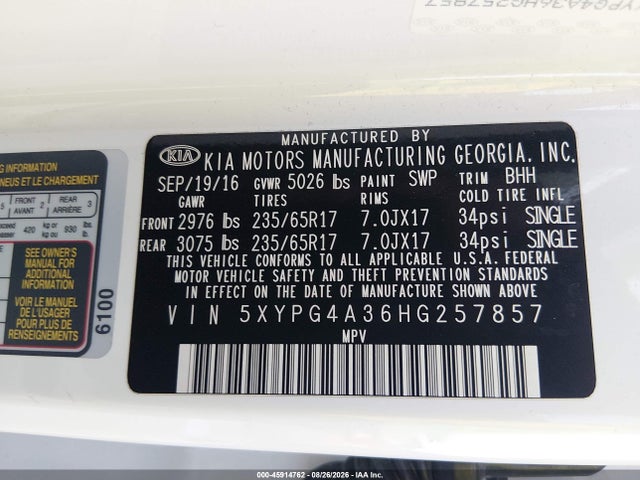 Aukcja sprzedaży 2017 Kia Sorento 2.4l Lx, vin: 5XYPG4A36HG257857, numer aukcji: 45914762