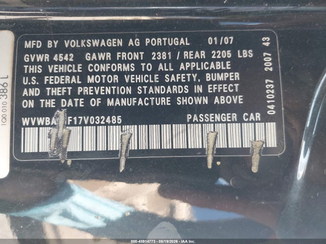 45914773 :رقم المزاد ، WVWBA71F17V032485 vin ، 2007 Volkswagen Eos 2.0t مزاد بيع