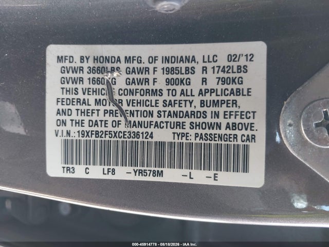 Aukcja sprzedaży 2012 Honda Civic Lx, vin: 19XFB2F5XCE336124, numer aukcji: 45914778