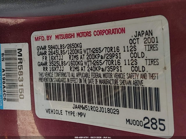 Aukcja sprzedaży 2002 Mitsubishi Montero Limited, vin: JA4MW51R02J018029, numer aukcji: 45914791