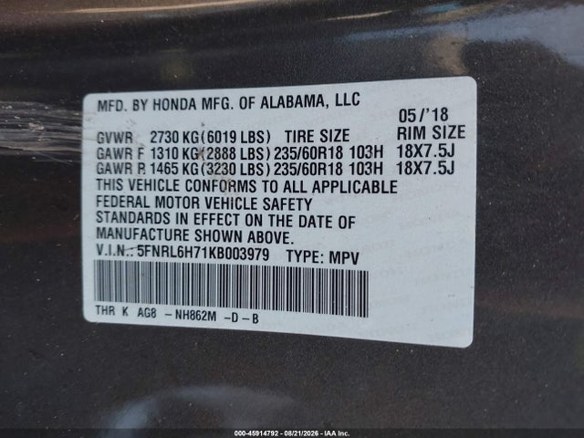 Продажа на аукционе авто 2019 Honda Odyssey Ex-l, vin: 5FNRL6H71KB003979, номер лота: 45914792
