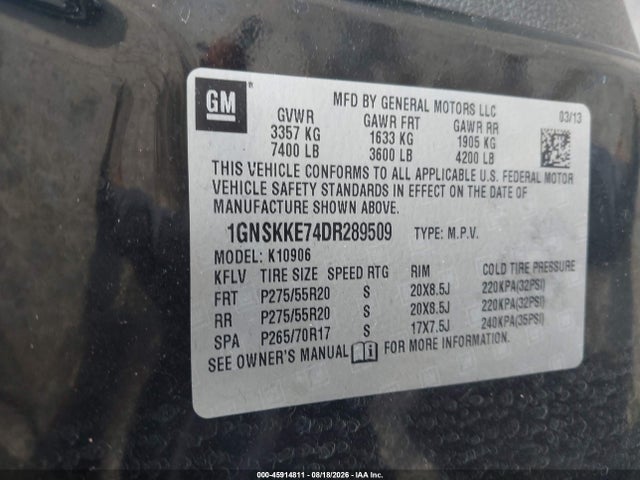 45914811 :رقم المزاد ، 1GNSKKE74DR289509 vin ، 2013 Chevrolet Suburban Ltz مزاد بيع