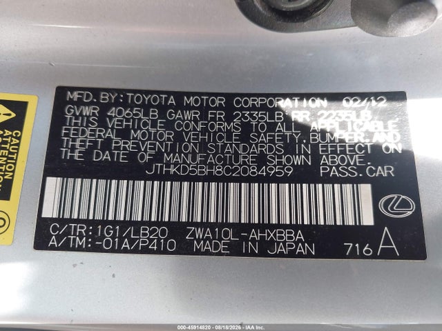 Продаж на аукціоні авто 2012 Lexus Ct 200h, vin: JTHKD5BH8C2084959, номер лоту: 45914820