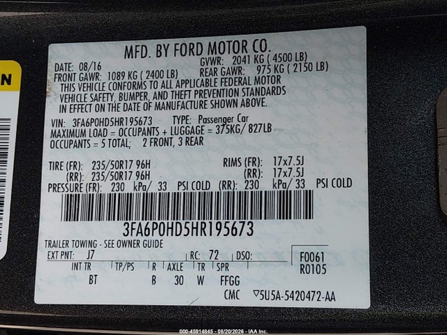 Ford FUSION SE 2017 3FA6P0HD5HR195673 Image 9