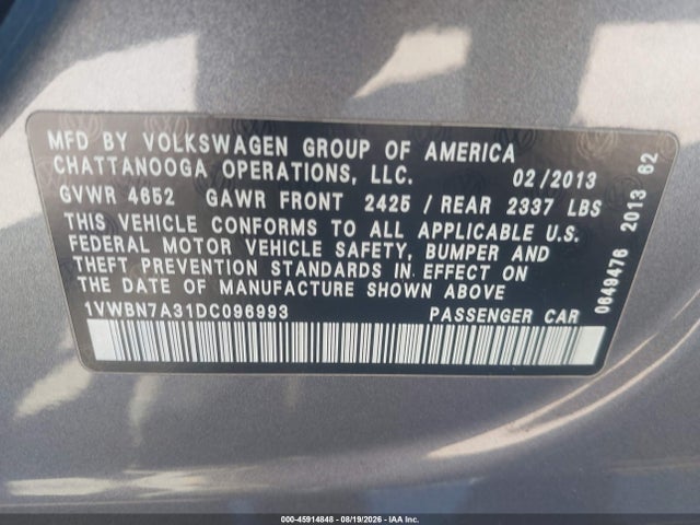 Продажа на аукционе авто 2013 Volkswagen Passat 2.0l Tdi Se, vin: 1VWBN7A31DC096993, номер лота: 45914848