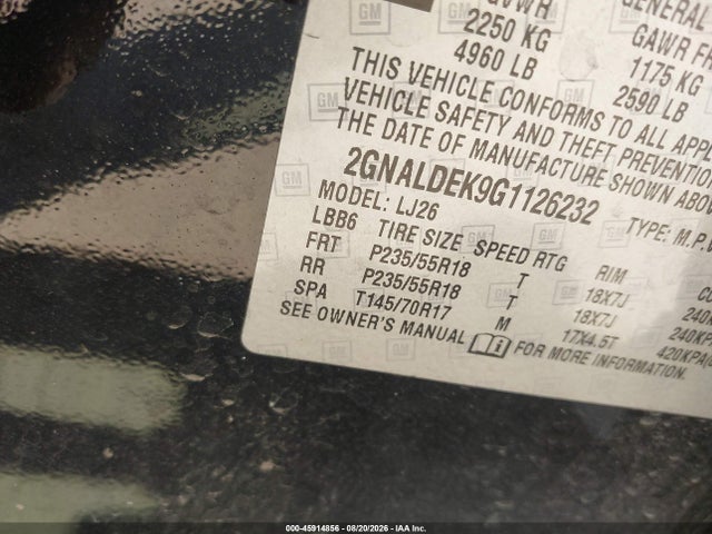 Aukcja sprzedaży 2016 Chevrolet Equinox Ltz, vin: 2GNALDEK9G1126232, numer aukcji: 45914856