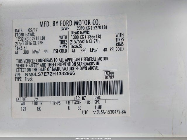 45914857 :رقم المزاد ، NM0LS7E72H1332966 vin ، 2017 Ford Transit Connect Xl مزاد بيع