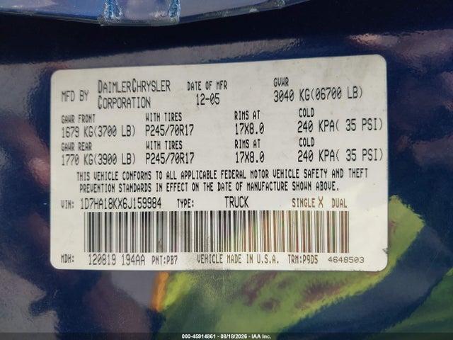 45914861 :رقم المزاد ، 1D7HA18KX6J159984 vin ، 2006 Dodge Ram 1500 St مزاد بيع