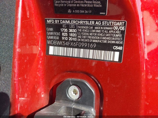 45914862 :رقم المزاد ، WDBWK54FX6F099169 vin ، 2006 Mercedes-benz Slk 280 مزاد بيع