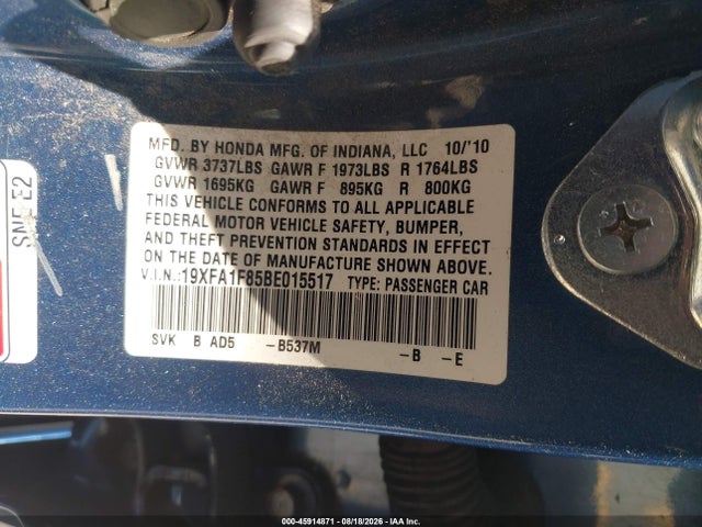 2011 Honda Civic Ex მანქანა იყიდება აუქციონზე, vin: 19XFA1F85BE015517, აუქციონის ნომერი: 45914871