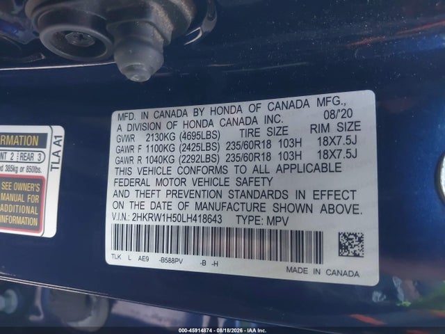 Honda Cr-v 2wd Ex 2020 2HKRW1H50LH418643 Image 9